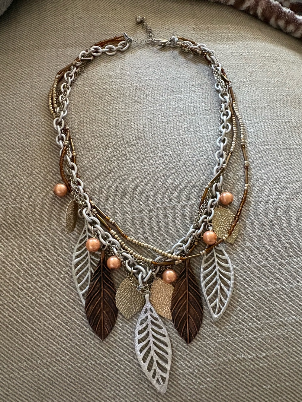 GORGEOUS Multi Strand Chain Gold Bronze Silver Faux Pearls Seed Beads 🍁 leaf